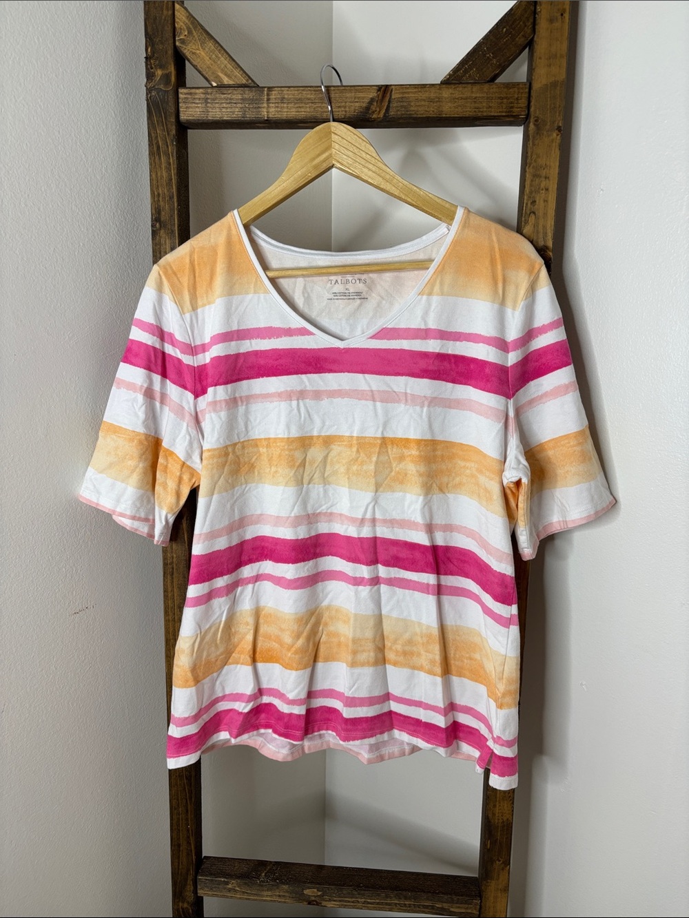 Talbots Striped V-Neck Tee in Pink, Orange & White Size XL